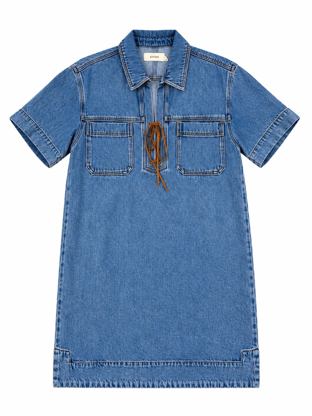 Kivari Blue Denim Mini Dress with Brown Lace-Up